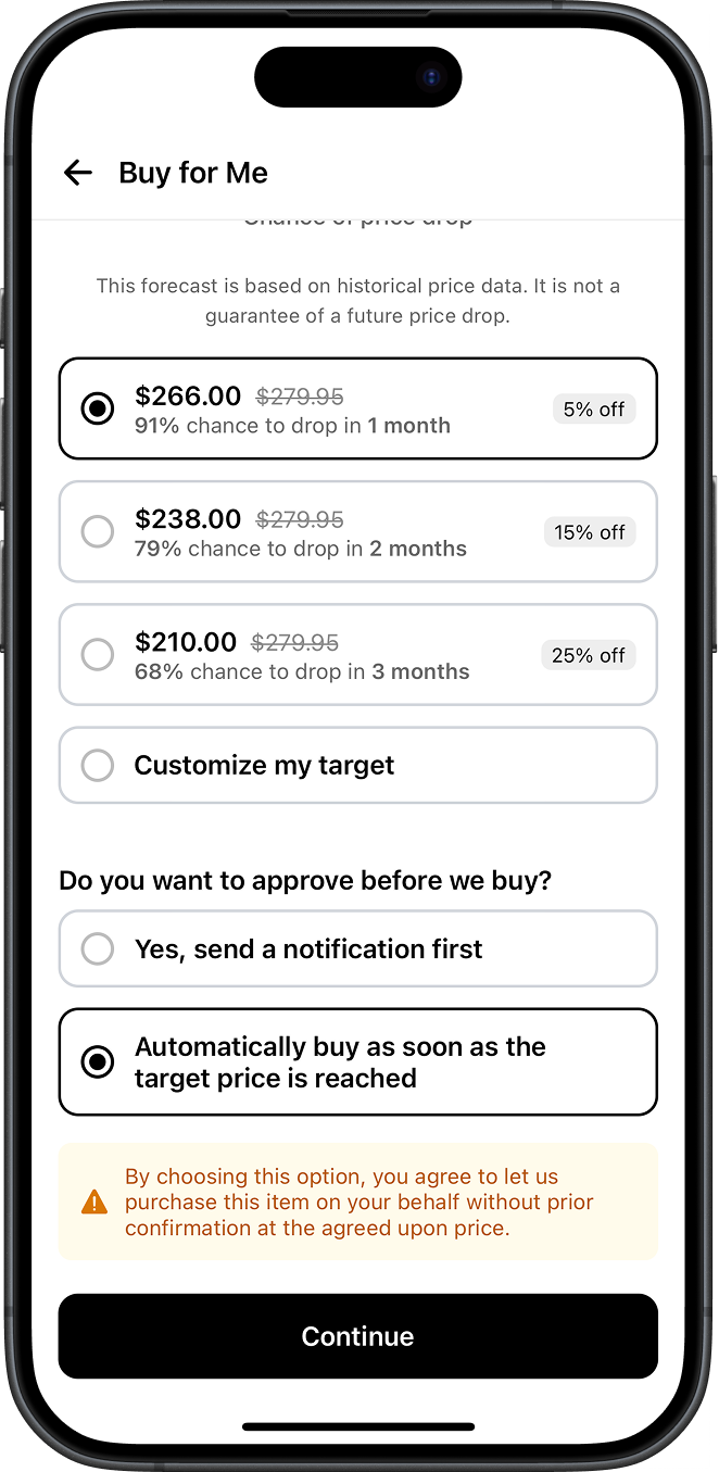 Screenshot of Best Time to Buy 2.0's confirmation choice screen, offering options to 'Buy Automatically' or 'Notify Me to Confirm'.
