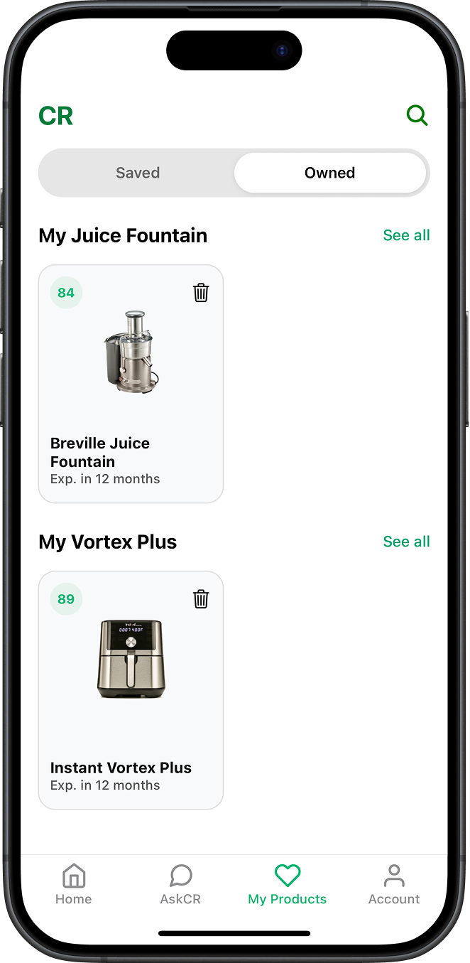 Screenshot of the Best Time to Buy 2.0 owned products screen, showing a list of purchased items and options for warranty details and recall alerts.