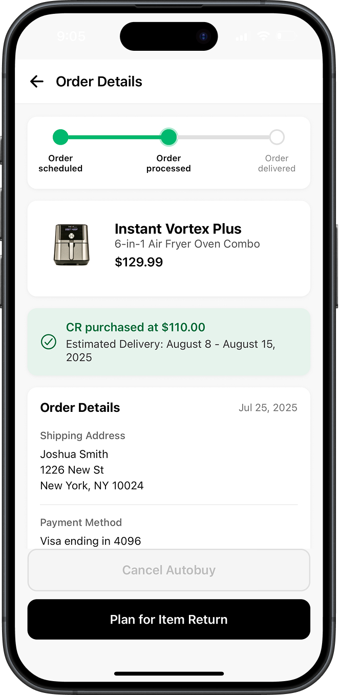 Screenshot of the Best Time to Buy 2.0 purchase confirmation screen, indicating a successful order and providing status updates.