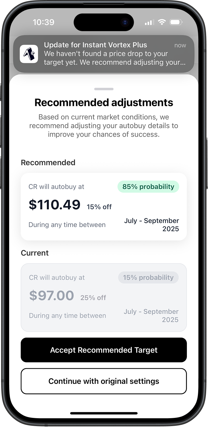 Screenshot of Best Time to Buy 2.0's recommended adjustments screen, suggesting changes to price targets based on market conditions.