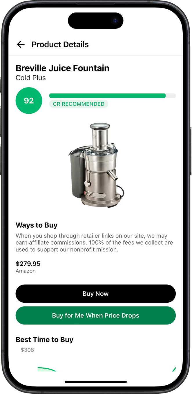 Screenshot of the Best Time to Buy 2.0 interface showing details for a specific product, including price history and purchase options.